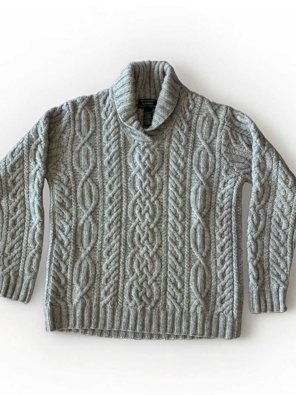 Ralph Lauren Women’s Hand Knit 100% Wool Cable Knit Sweater Small Gray Fisherman